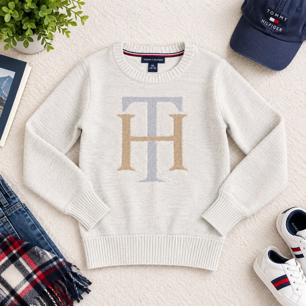 Tommy Hilfiger Kids Crewneck Sweater Cream/Oatmeal Monogram H Logo Size Kids XL